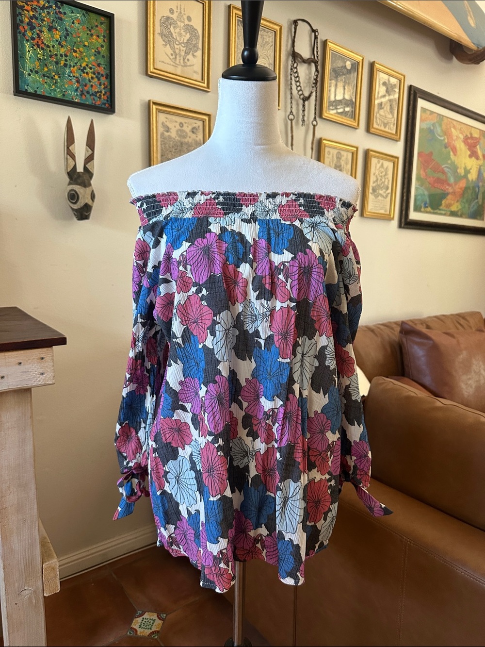 Smocked-Neck Floral Blouse in Pink, Blue & Cream